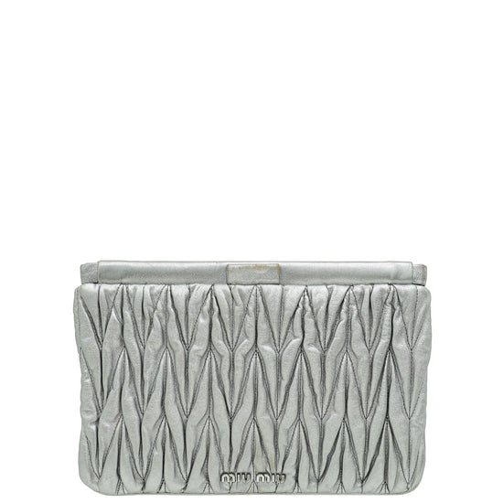 Miu Miu Metallic Silver Matelasse Frame Clutch