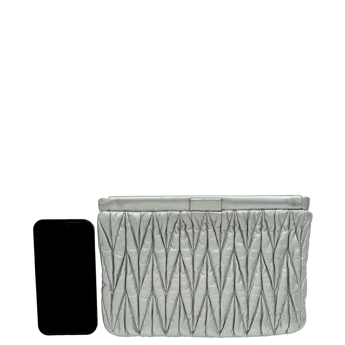 Miu Miu Metallic Silver Matelasse Frame Clutch-MIU MIU-THE CLOSET