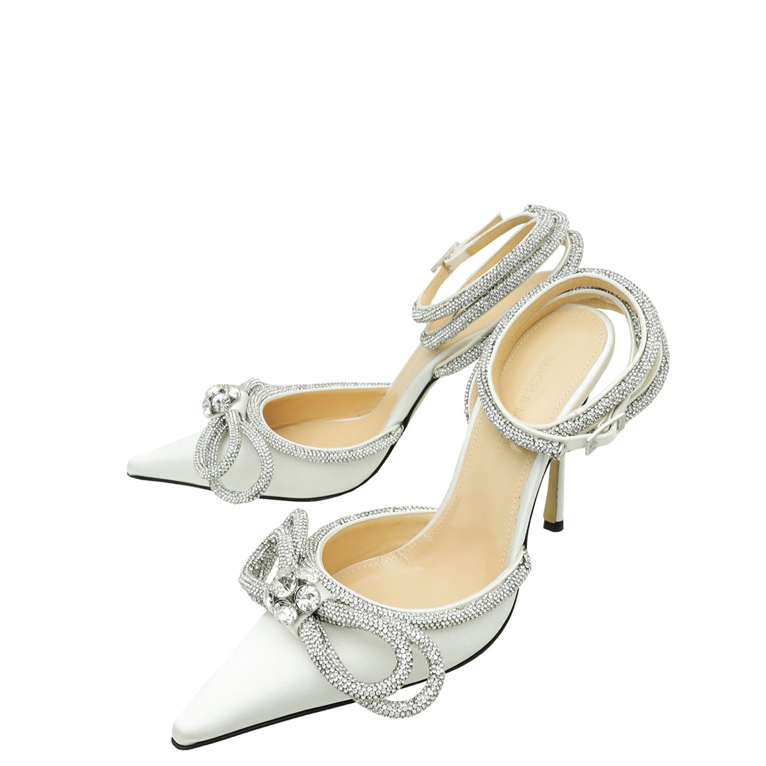 Mach & Mach White Satin Crystal Bow Ankle Strap Pumps 39.5