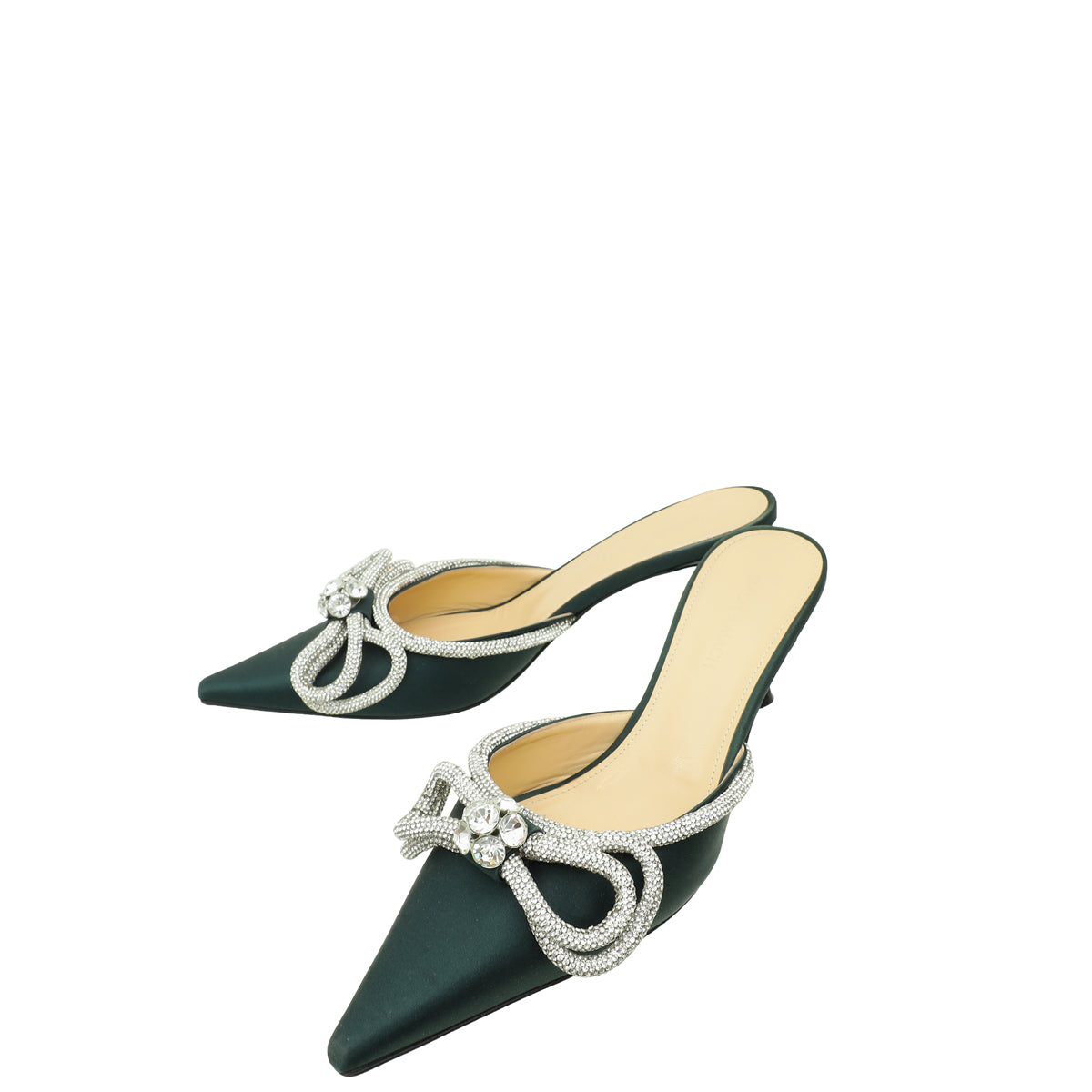 Mach & Mach Dark Emerald Satin Crystal Double Bow Mules 39-Mach & Mach-THE CLOSET
