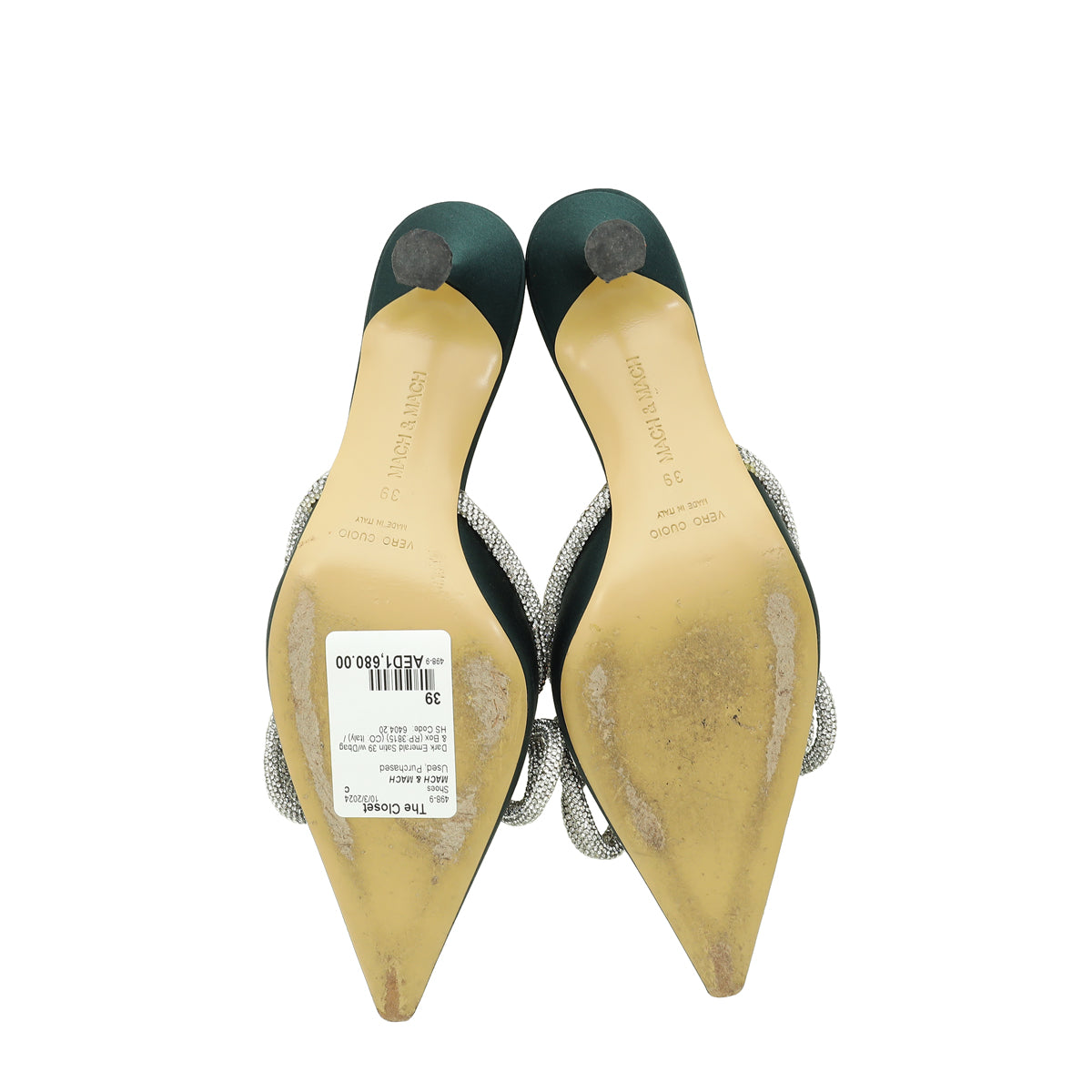 Mach & Mach Dark Emerald Satin Crystal Double Bow Mules 39