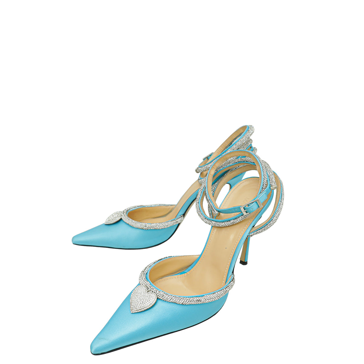 Mach & Mach Light Blue Satin Crystal Heart Embellished Ankle Strap Pumps 38-Mach & Mach-THE CLOSET