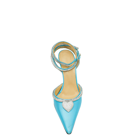 Mach & Mach Light Blue Satin Crystal Heart Embellished Ankle Strap Pumps 38