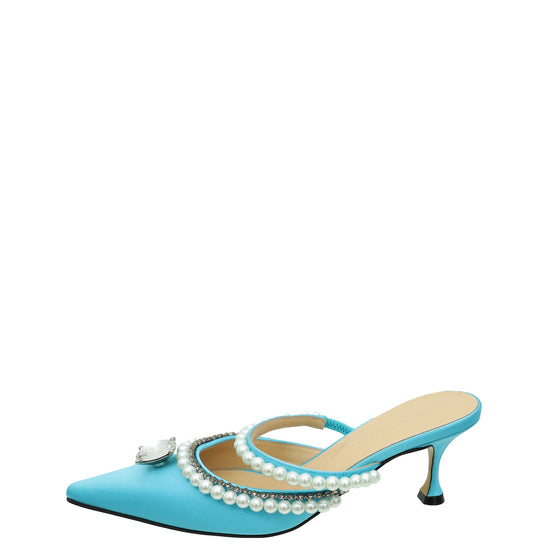 Mach & Mach Powder Blue Diamond and Pearls Slide Heeled Mules 36