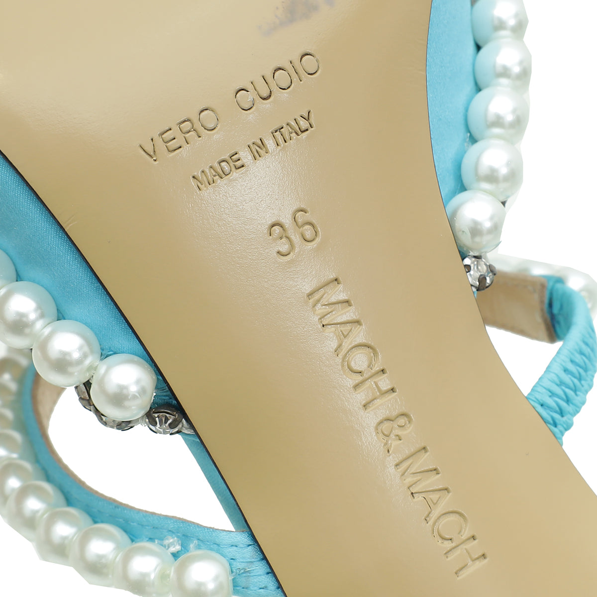 Mach & Mach Powder Blue Diamond and Pearls Slide Heeled Mules 36