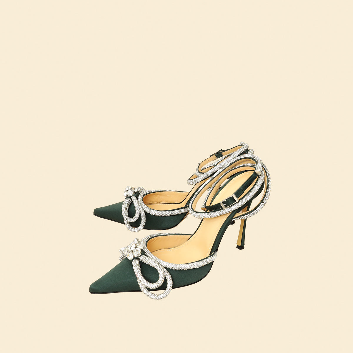 Mach & Mach Emerald Satin Crystal Double Bow Pumps 38-Mach & Mach-THE CLOSET
