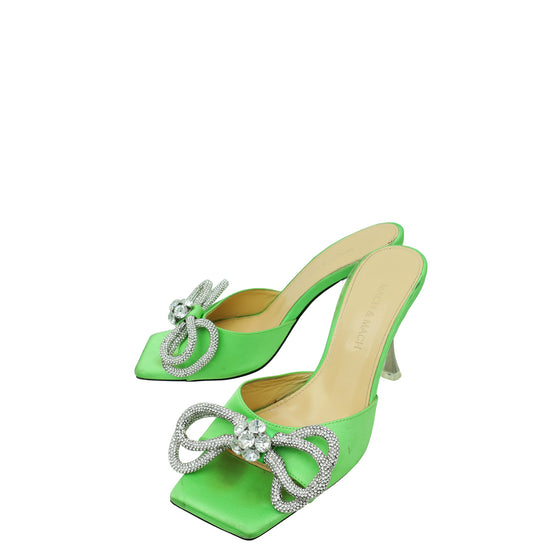 Mach & Mach Green Satin Double Bow Crystal Mules 37