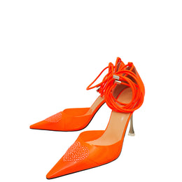 Mach & Mach Neon Orange Heart Crystal Tie Ankle Strap PVC Pump 38.5