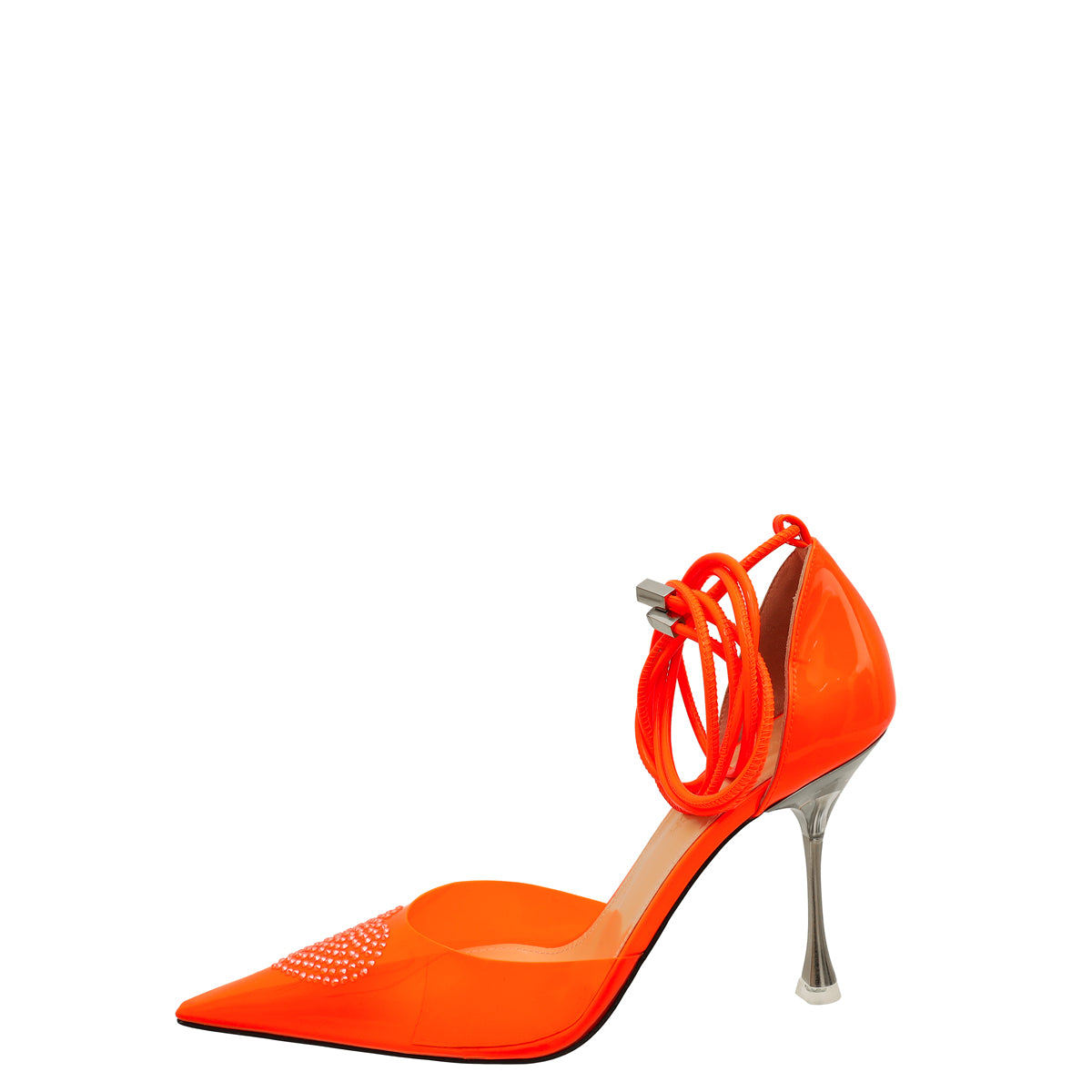 Mach & Mach Neon Orange Heart Crystal Tie Ankle Strap PVC Pump 38.5