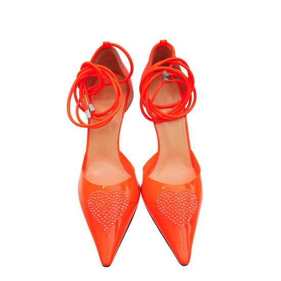 Mach & Mach Neon Orange Heart Crystal Tie Ankle Strap PVC Pump 38.5