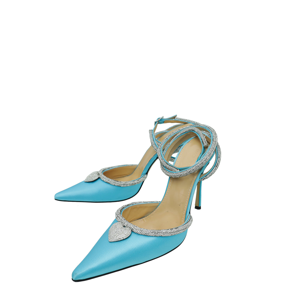 Mach & Mach Blue Satin Crystal Heart Embellished Ankle Strap Pumps 40.5-Mach & Mach-THE CLOSET