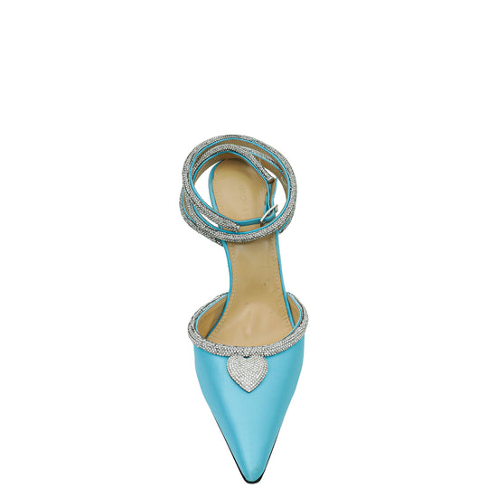Mach & Mach Blue Satin Crystal Heart Embellished Ankle Strap Pumps 40.5