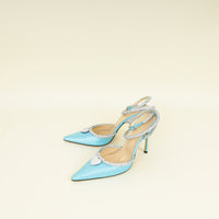 Mach & Mach Light Blue Satin Crystal Heart Embellished Ankle Strap Pumps 40.5