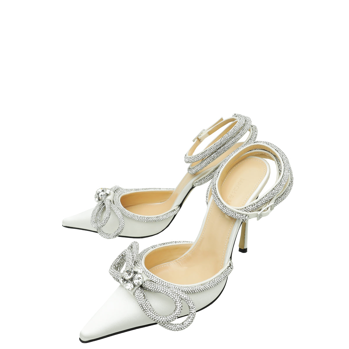 Mach & Mach White Satin Crystal Bow Ankle Strap Pumps 37.5-Mach & Mach-THE CLOSET