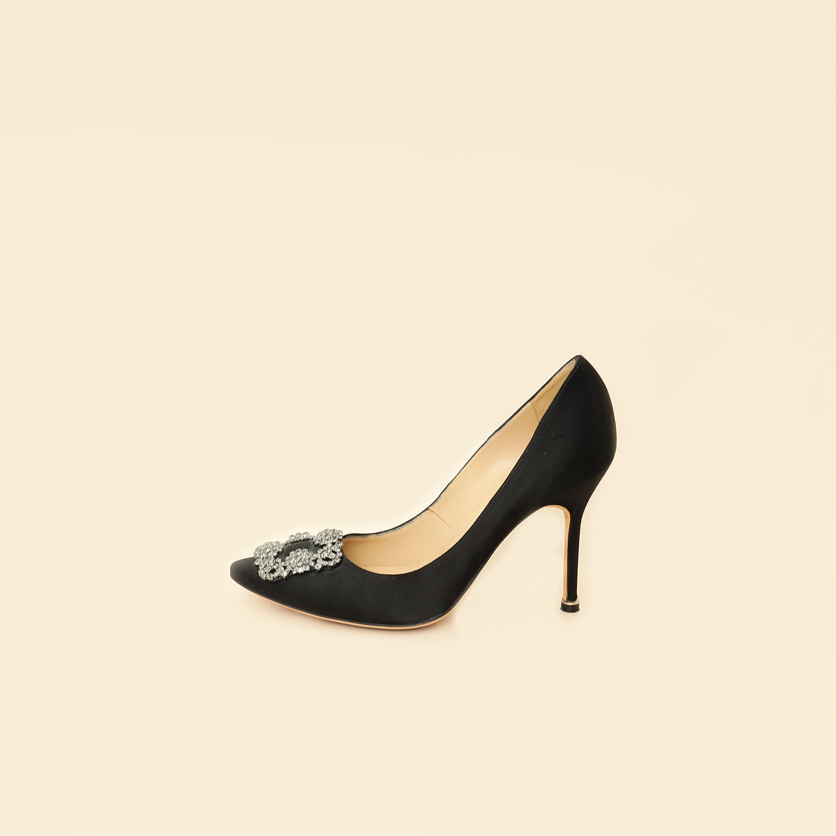 Manolo Blahnik Black Satin Hangisi Pump 37.5-Manolo Blahnik-THE CLOSET