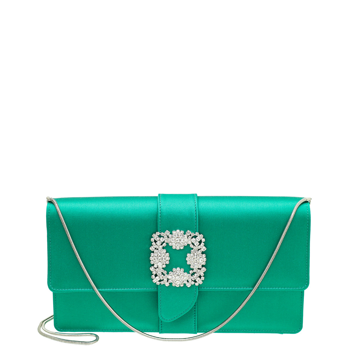 Manolo Blahnik Emerald Green Satin Gothisi Chain Clutch-Manolo Blahnik-THE CLOSET