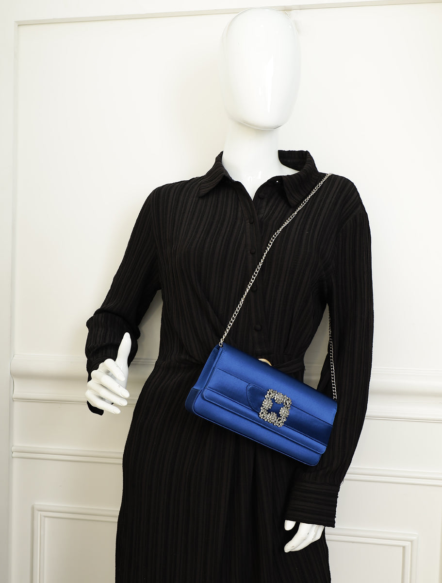 Manolo Blahnik Navy Blue Satin Gothisi Jewel Buckle Clutch