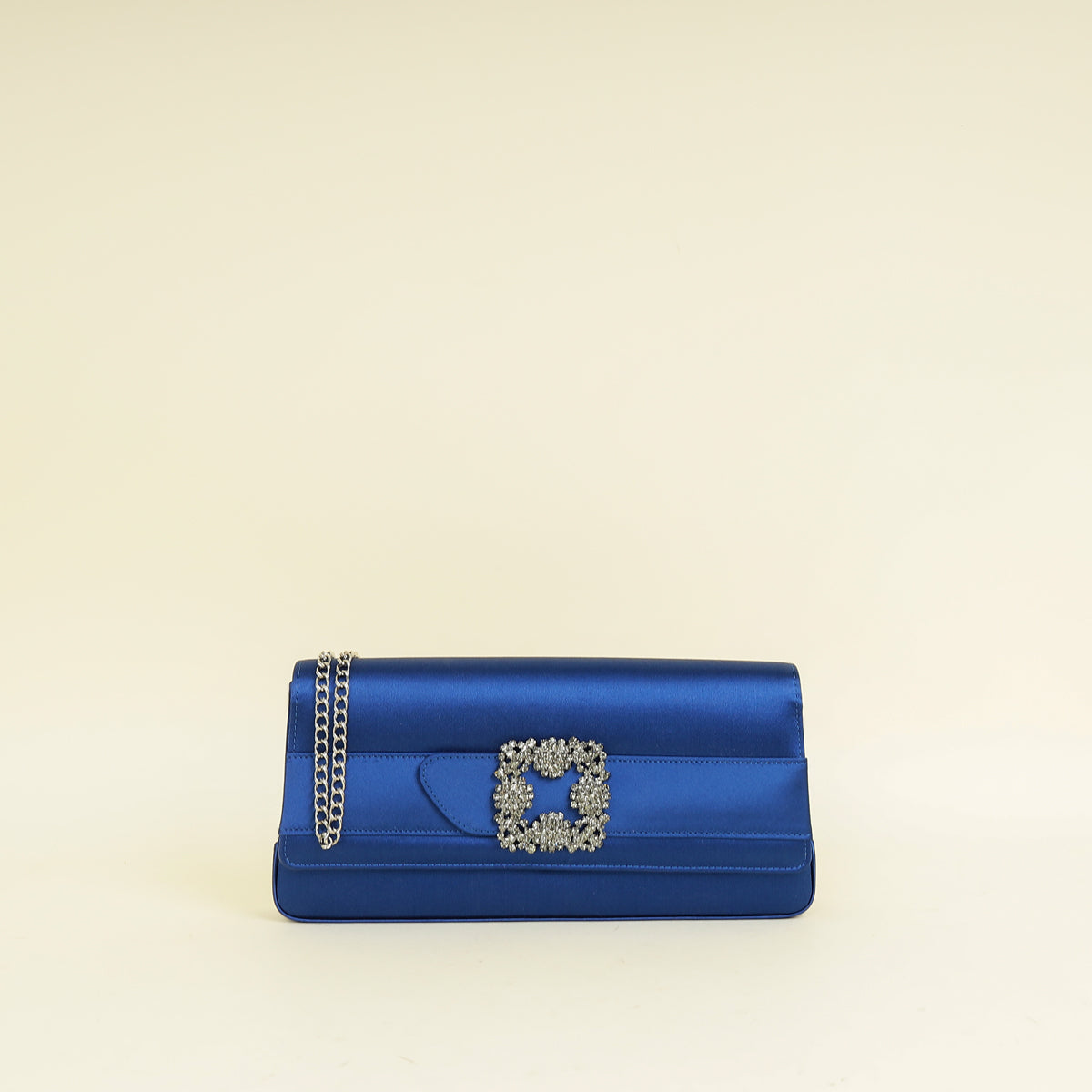 Manolo Blahnik Navy Blue Satin Gothisi Jewel Buckle Clutch