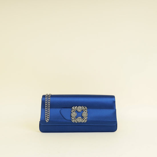 Manolo Blahnik Navy Blue Satin Gothisi Jewel Buckle Clutch