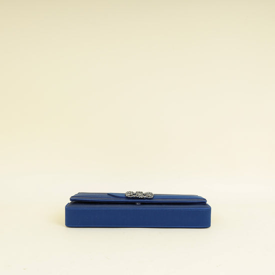 Manolo Blahnik Navy Blue Satin Gothisi Jewel Buckle Clutch