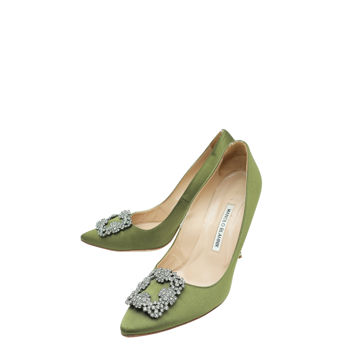 Manolo Blahnik Olive Green Satin Hangisi Crystal Pump 38-Manolo Blahnik-THE CLOSET