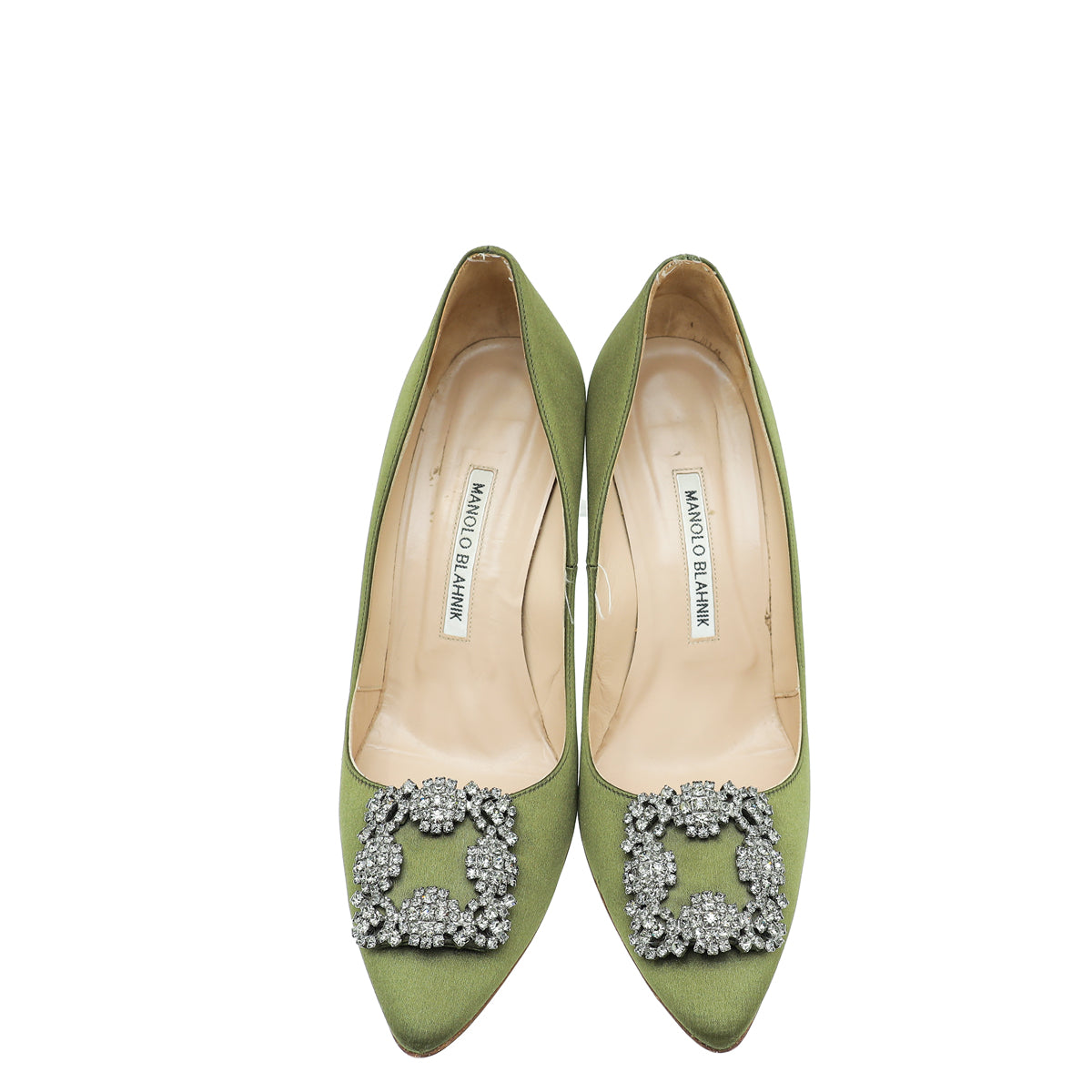 Manolo Blahnik Olive Green Satin Hangisi Crystal Pump 38 – THE CLOSET