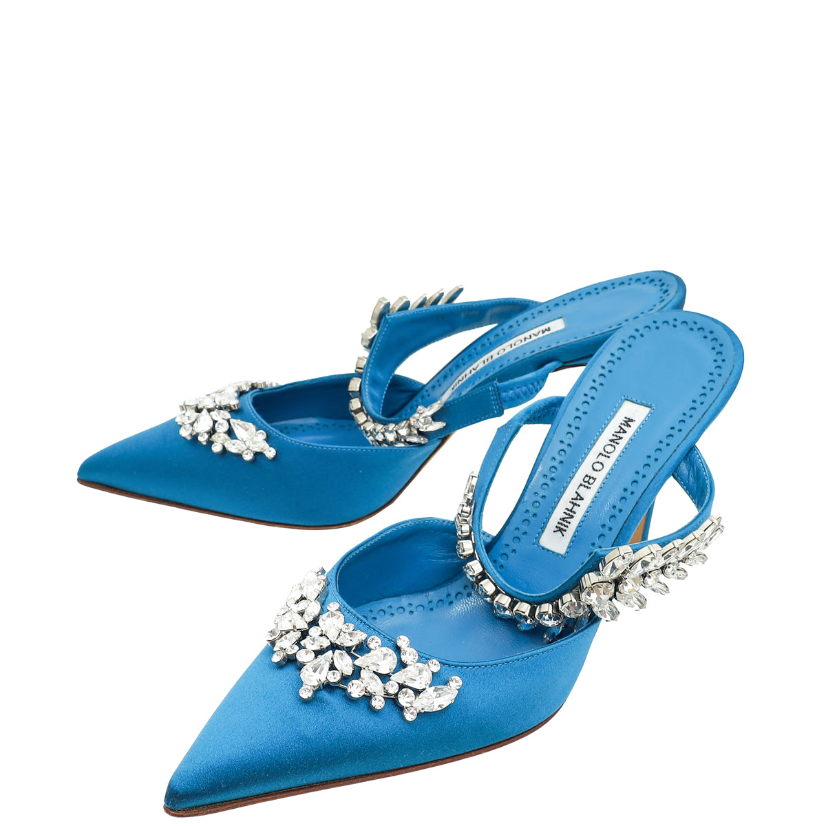 Manolo Blahnik Dark Teal Lurum Satin Crystal Slingback Mules 38.5-Manolo Blahnik-THE CLOSET