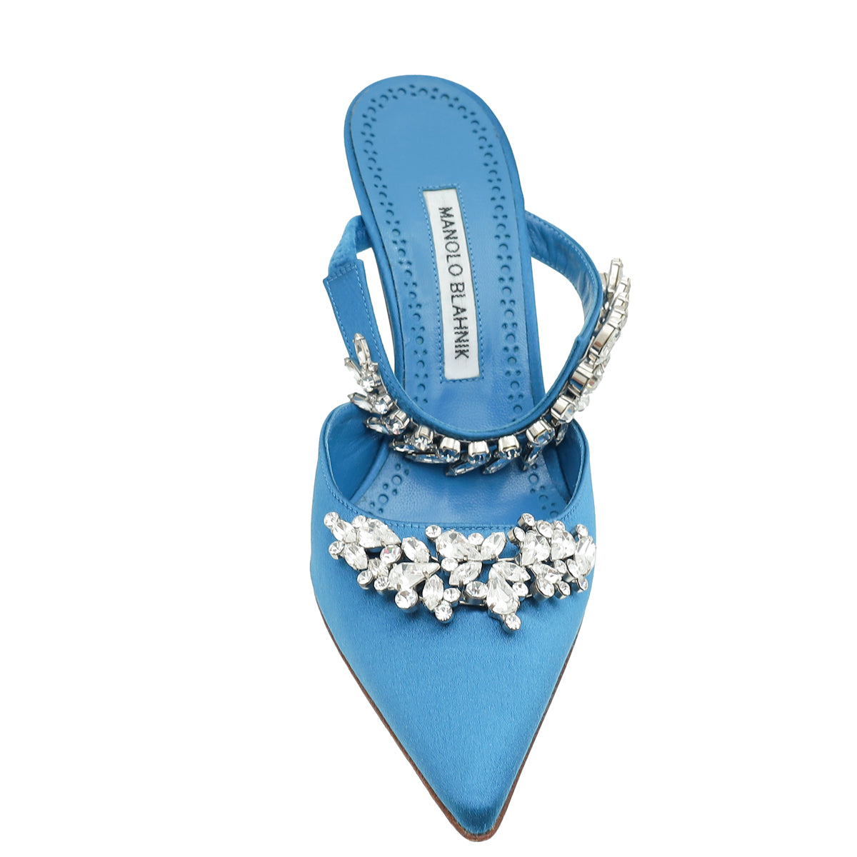 Manolo Blahnik Dark Teal Lurum Satin Crystal Slingback Mules 38.5-Manolo Blahnik-THE CLOSET