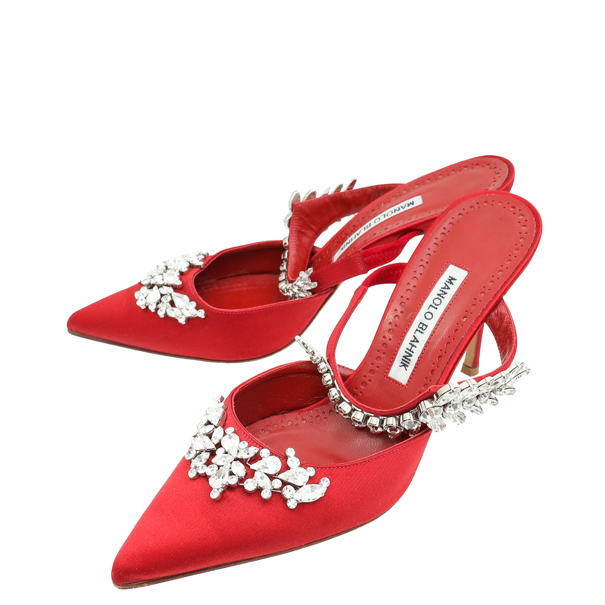 Manolo Blahnik Dark Red Lurum Satin Crystal Slingback Mules 38.5-Manolo Blahnik-THE CLOSET