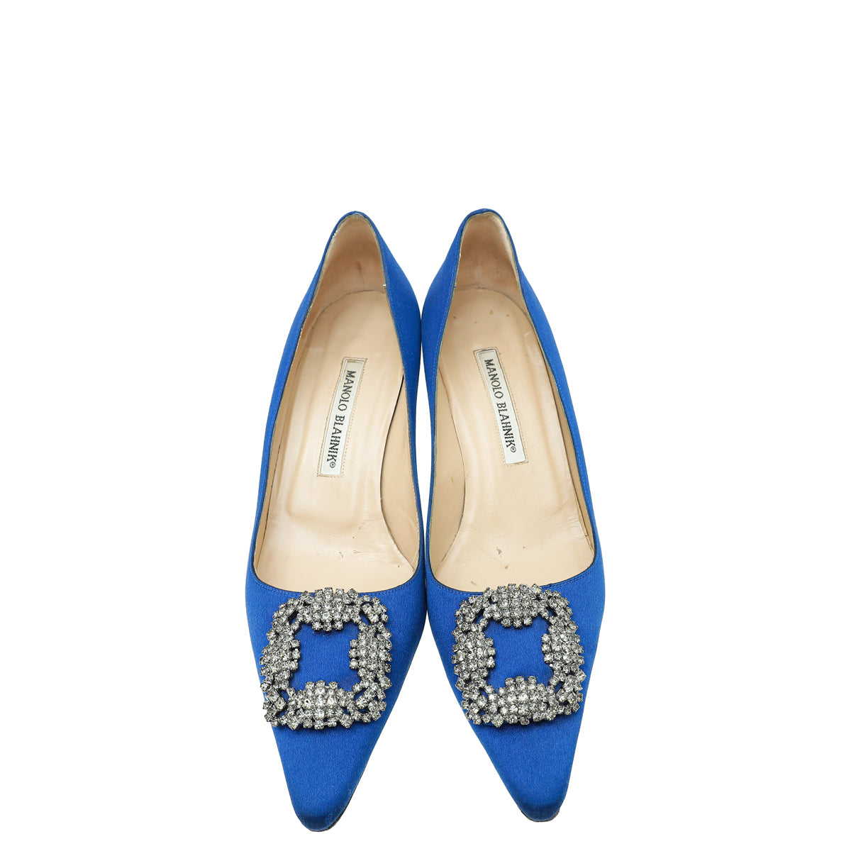 Manolo Blahnik Blue Satin Crystal Hangisi Pump 38 – THE CLOSET