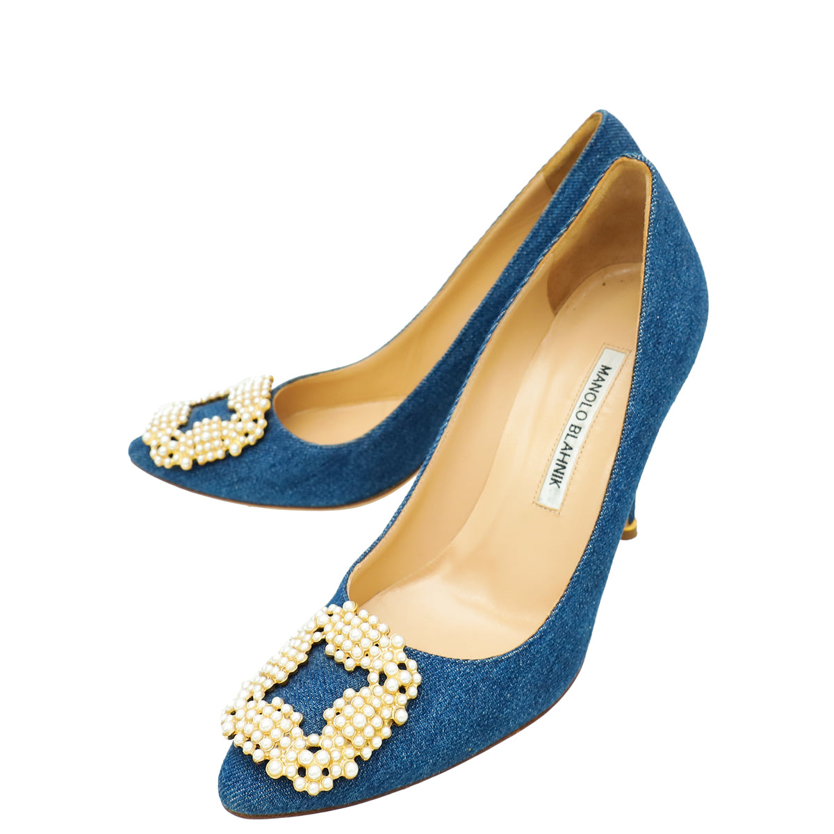 Manolo Blahnik Blue Denim Pearl Embellished Hangisi Pumps 38-Manolo Blahnik-THE CLOSET