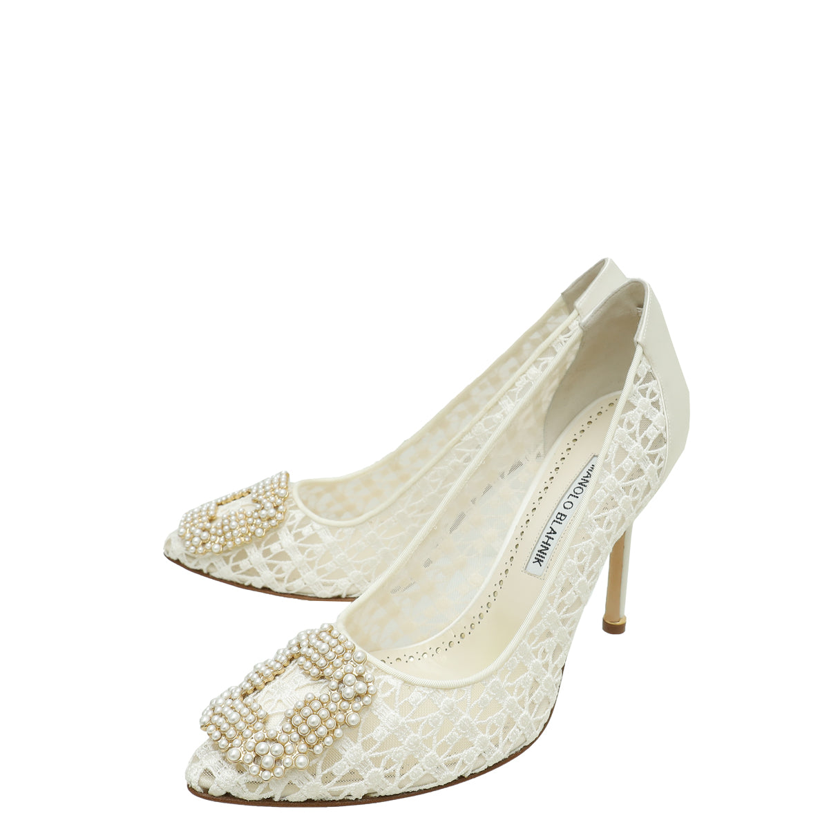 Manolo Blahnik White Hangisi Lace Embellished Pump 39-Manolo Blahnik-THE CLOSET