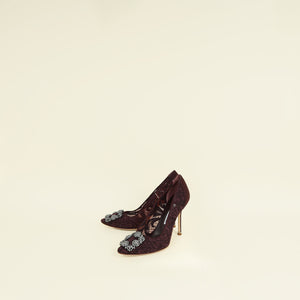 Manolo Blahnik Burgundy Hangisi Lace Embellished Pump 37.5