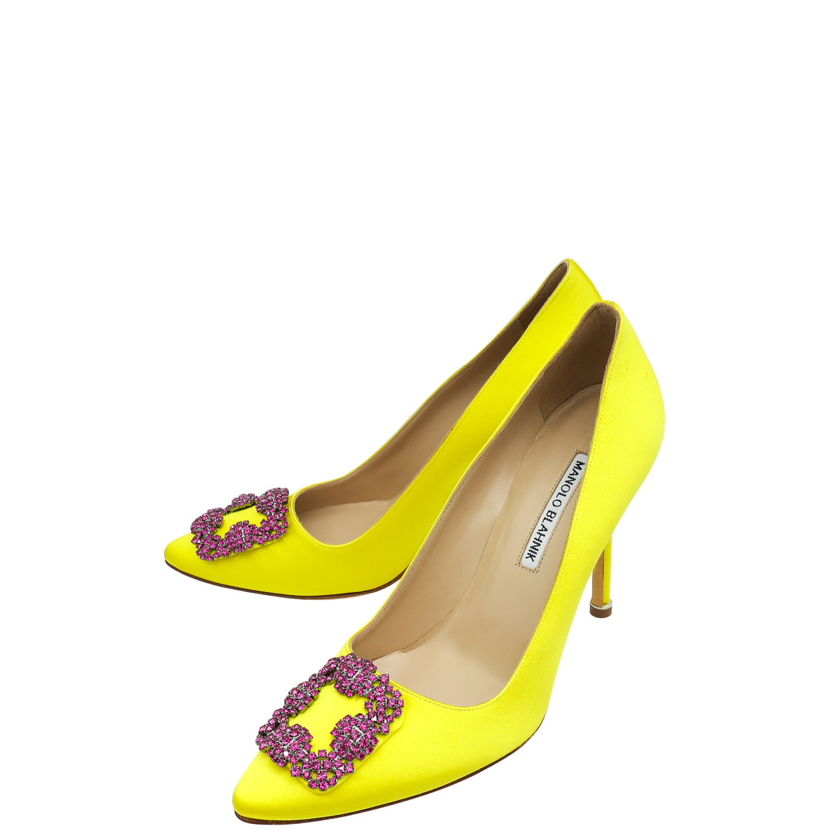 Manolo Blahnik Yellow Hangisi Embellished Satin Pump 38-Manolo Blahnik-THE CLOSET
