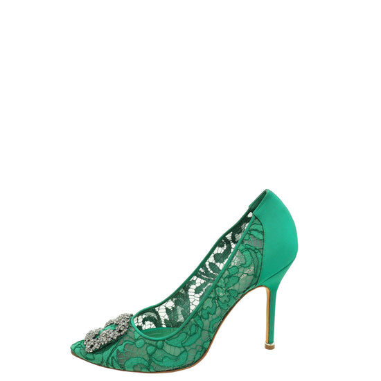 Manolo Blahnik Green Hangisi Lace Embellished Pump 39.5