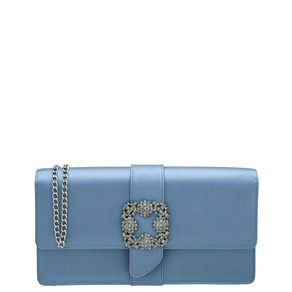 Manolo Blahnik Bluish Grey Satin Gothisi Chain Clutch-Manolo Blahnik-THE CLOSET