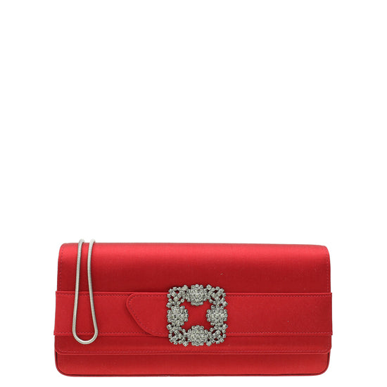 Manolo Blahnik Red Satin Gothisi Jewel Buckle Clutch