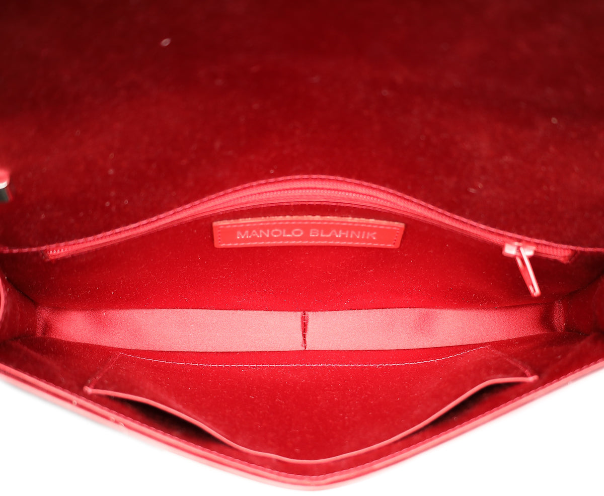 Manolo Blahnik Red Satin Gothisi Jewel Buckle Clutch