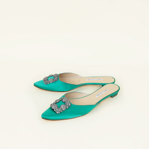 Manolo Blahnik Green Hangisi Satin Flat Mules 42