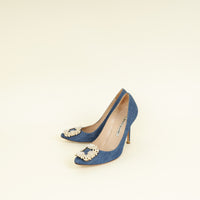 Manolo Blahnik Blue Denim Pearl Embellished Hangisi Pumps 37.5