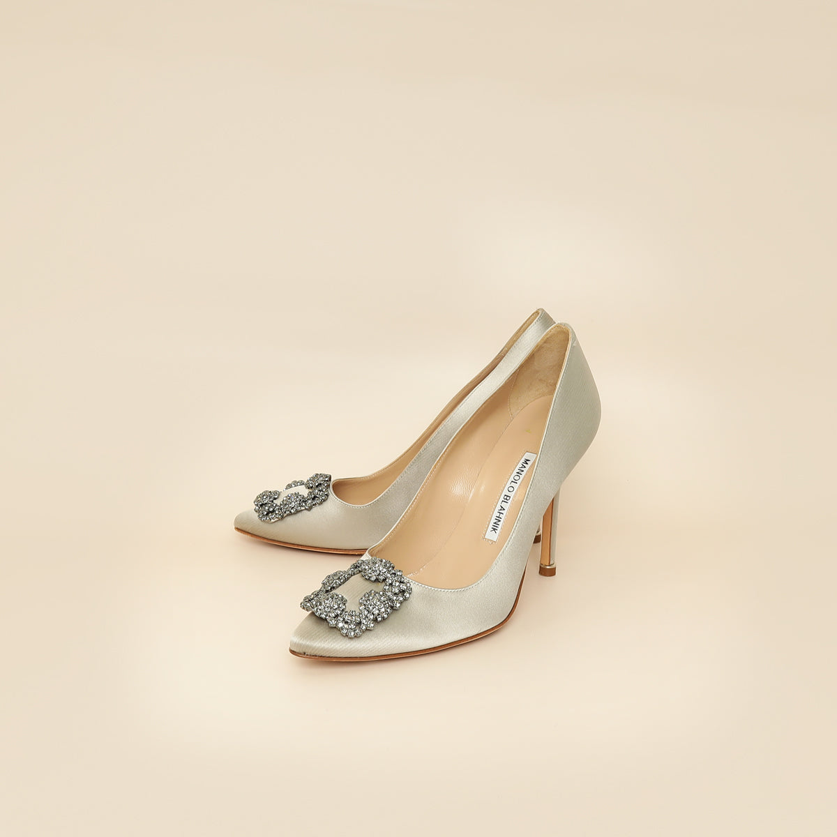 Manolo Blahnik Light Grey Hangisi Satin Embellished Pump 38
