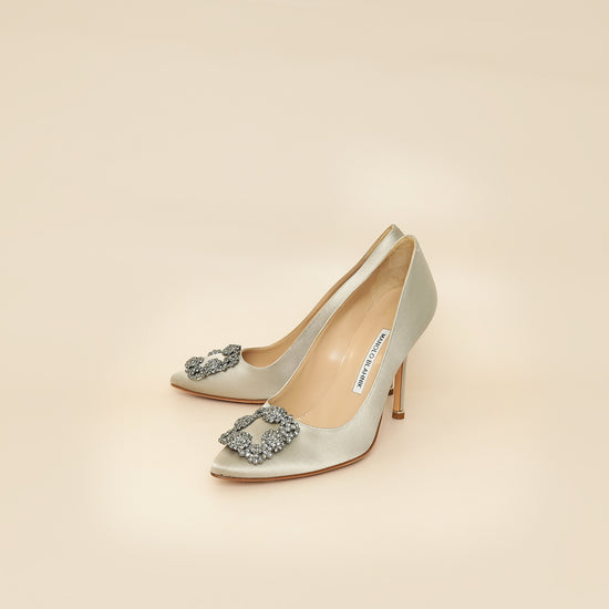Manolo Blahnik Light Grey Hangisi Satin Embellished Pump 38