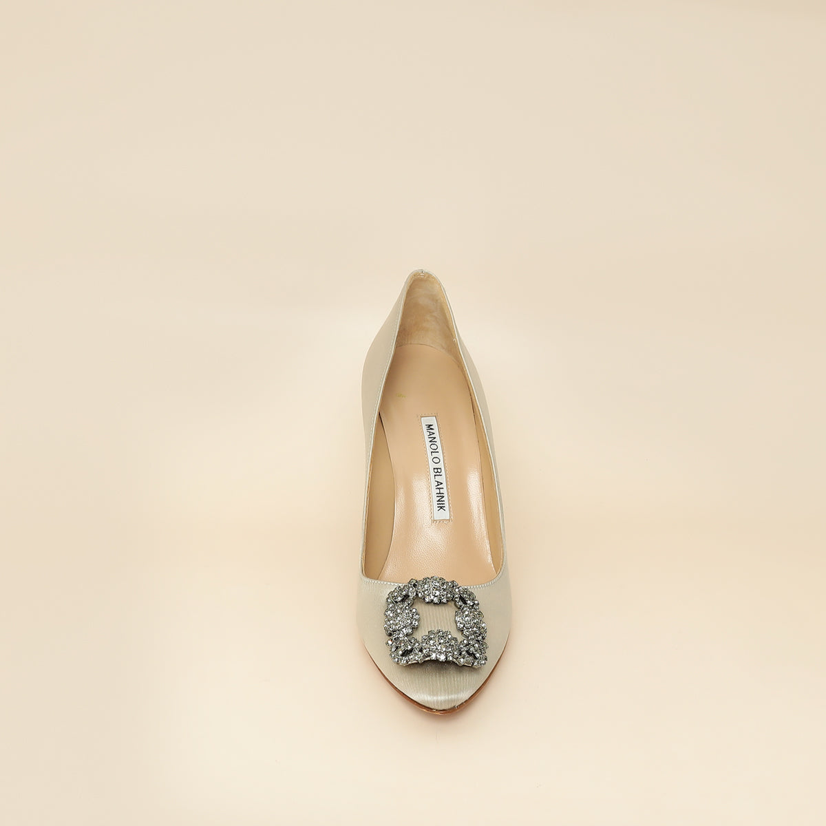 Manolo Blahnik Light Grey Hangisi Satin Embellished Pump 38-Manolo Blahnik-THE CLOSET