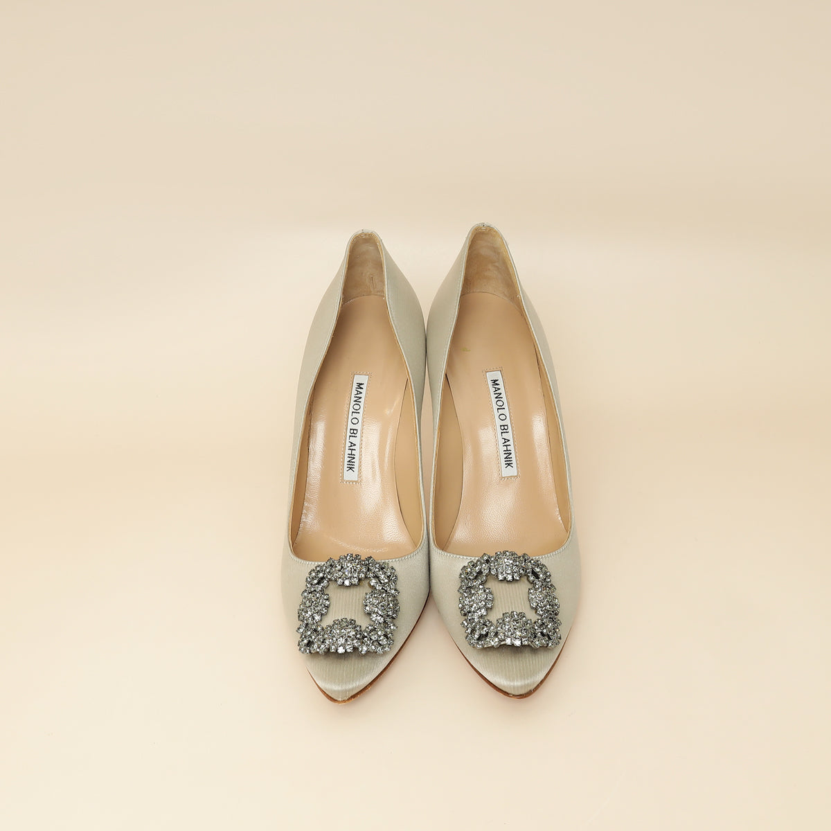 Manolo Blahnik Light Grey Hangisi Satin Embellished Pump 38-Manolo Blahnik-THE CLOSET