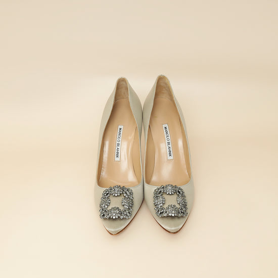 Manolo Blahnik Light Grey Hangisi Satin Embellished Pump 38-Manolo Blahnik-THE CLOSET