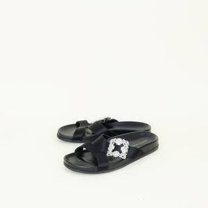 Manolo Blahnik Black Chilanghi Crystal Flat Slides 39.5