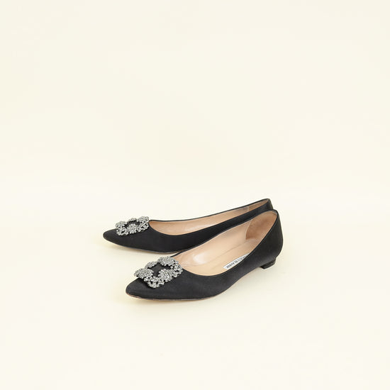 Manolo Blahnik Black Satin Hangisi Flat Ballerina 39
