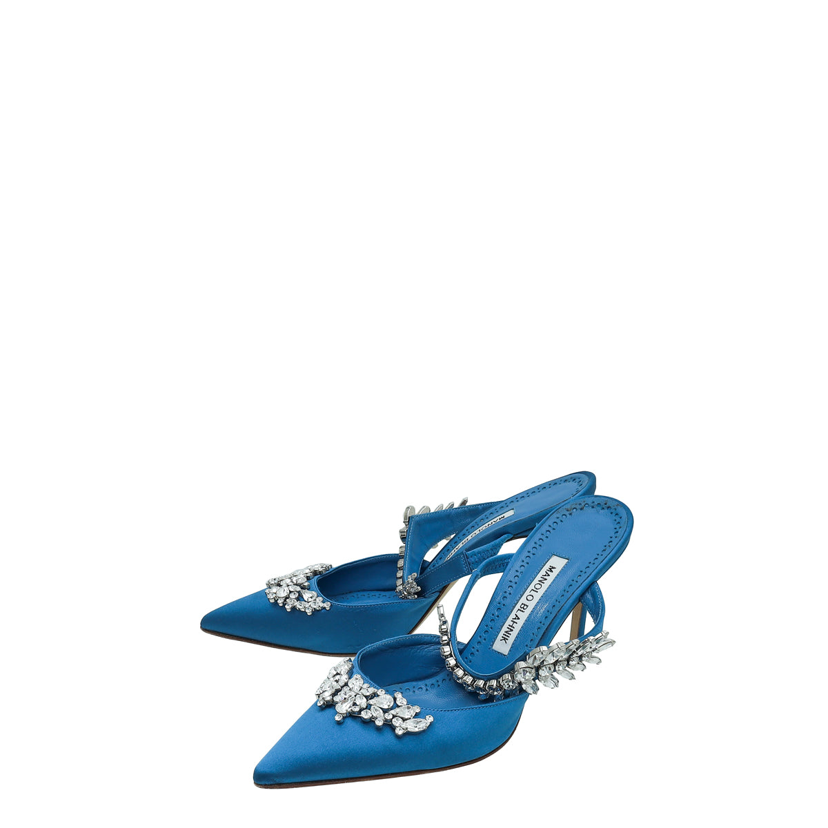 Manolo Blahnik Blue Satin Lurum Crystal Slingback Mules 38-Manolo Blahnik-THE CLOSET