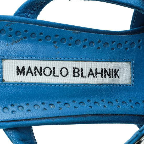 Manolo Blahnik Blue Satin Lurum Crystal Slingback Mules 38