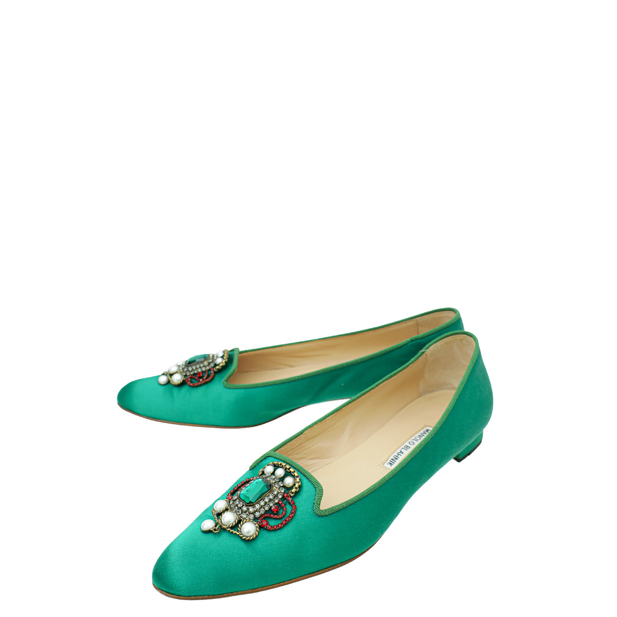 Manolo Blahnik Emerald Green Satin Eufrasia Flat Ballerina 40-Manolo Blahnik-THE CLOSET